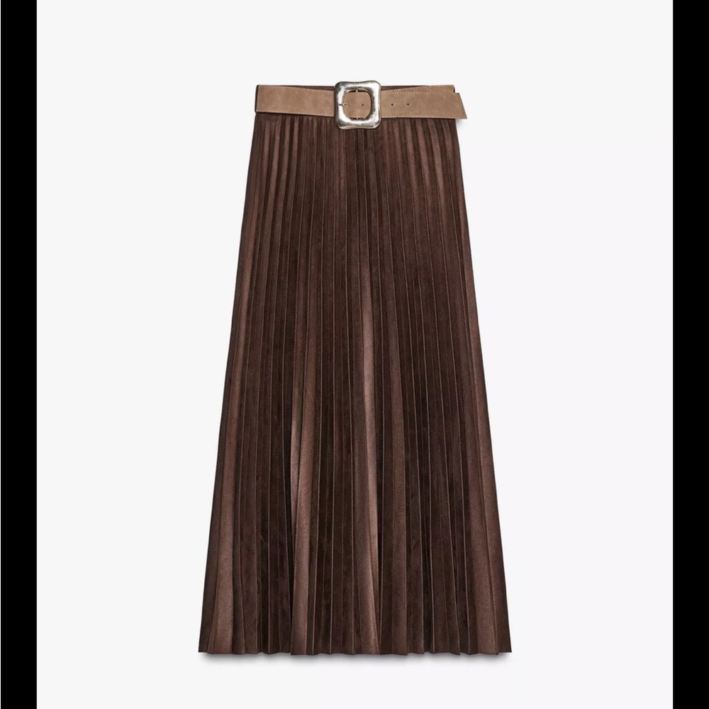 NWT Zara Belted Faux Suede Effect Pleated Skirt